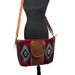 American Darling Western Leather Wool Tote Bag Tooled Strap Concealed Carry NWT